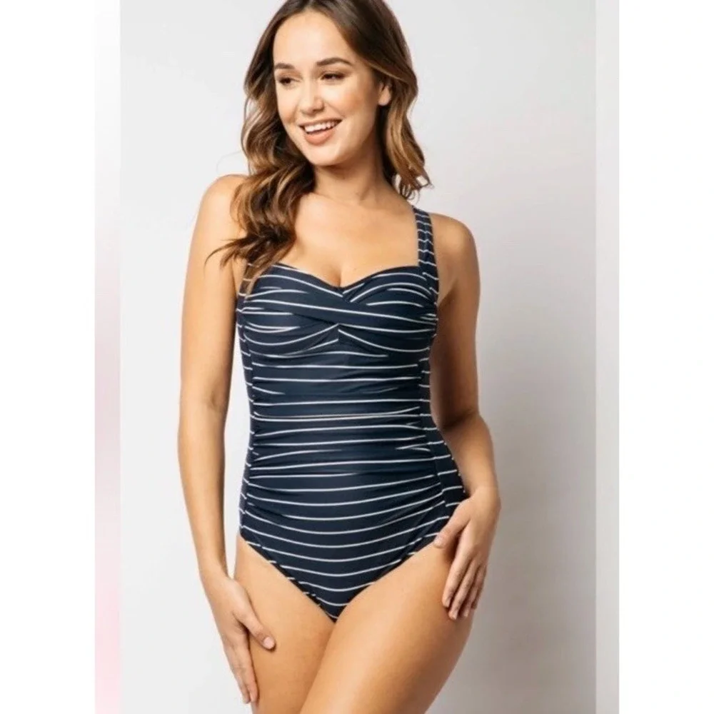 Bond Eye One‎ Piece Swimsuit Joanne Blue And White Stripes Slimming US 10 NWOT